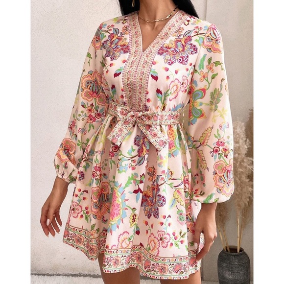 Floral Print Multi Colored Bishop Sleeve Dress - Picture 1 of 6